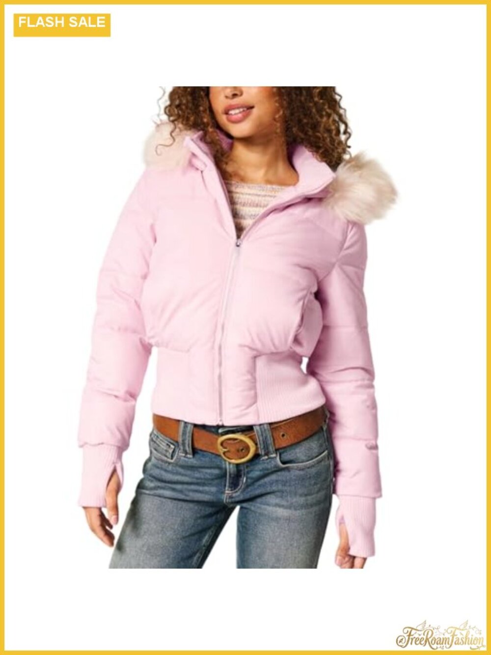 Puffer Jacket Womens Faux Fur Hooded Quilted Cropped Winter Coat